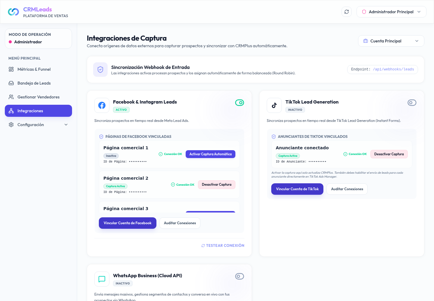 Integraciones del CRM con Meta y TikTok